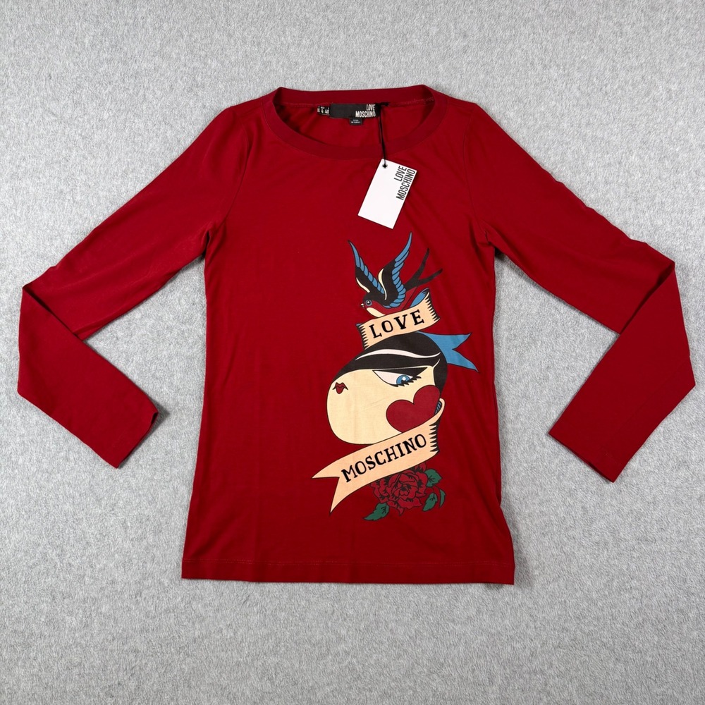 Love Moschino T-Shirt Women Red Tattoo Graphic Long Sleeve Stretch 4